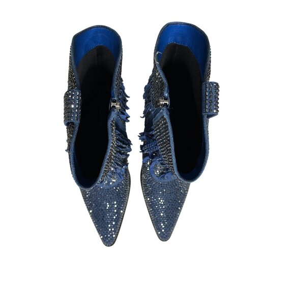 NWT Azalea Wang Rhinestone Fringe Denim Western Boots Blue Cowgirl Glam - Picture 2 of 11